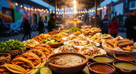 A vibrant array of authentic Mexican cuisine is presented at a bustling outdoor food stall, ready to be enjoyedの写真素材