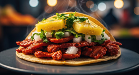 A flavorful taco al pastor is presented with pineapple, cilantro, and onion, ready to be enjoyedの写真素材