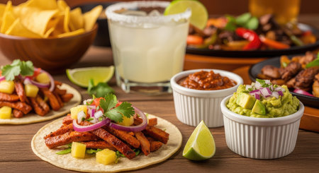 A vibrant display of Mexican cuisine includes tacos, guacamole, salsa, and a refreshing margarita