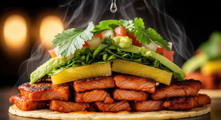 A mouthwatering close up showcases the vibrant colors and textures of a traditional Mexican taco,...
