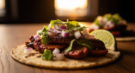 These flavorful tacos feature grilled meat, cilantro, onions, and a squeeze of lime, perfect for a tasty mealの写真素材