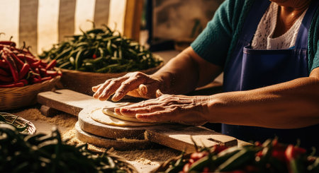 A woman prepares tortillas, a staple of Mexican cuisine, using traditional methods and fresh ingredientsの写真素材