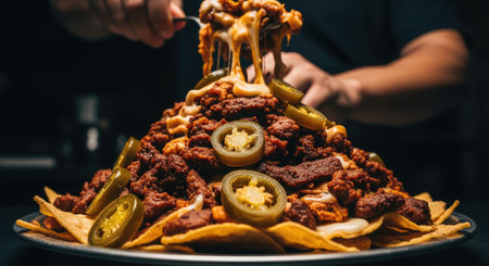 A close up of a plate of nachos with toppings, perfect for sharing and enjoying with friends and familyの写真素材