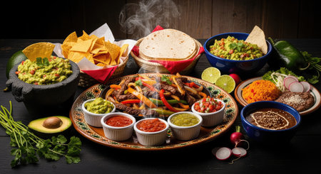 A vibrant assortment of Mexican cuisine is displayed, featuring a sizzling fajita platter and an array of flavorful accompanimentsの写真素材