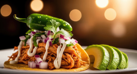 A close up of a flavorful taco with fresh ingredients, perfect for a tasty meal or culinary projectの写真素材