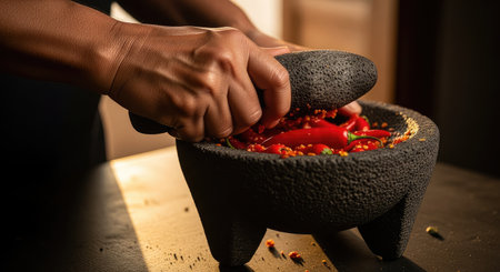 A person grinds fresh red chili peppers in a molcajete, a traditional Mexican mortar and pestleの写真素材
