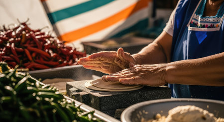 A woman's hands expertly shape fresh tortillas, a staple of Mexican cookingの写真素材