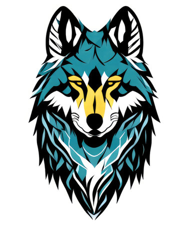 A striking illustration of a wolf's head, featuring a bold color palette and a modern, artistic...