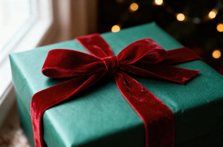A beautifully wrapped present sits near a window, ready for the holiday seasonの写真素材