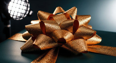 A beautiful golden bow sits atop a gift, illuminated by studio lighting, creating a festive and elegant sceneの写真素材