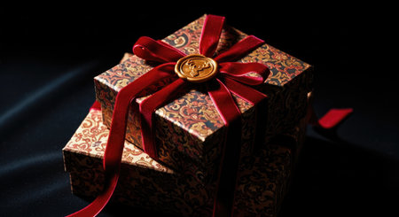 Two decorative gift boxes are stacked, tied with red velvet ribbon, and sealed with a golden emblem