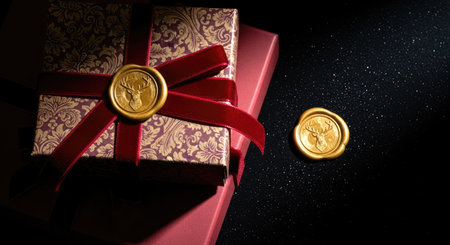 A beautifully wrapped present with a deer emblem seal is perfect for special occasions and celebrationsの写真素材