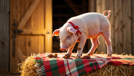 A cute piglet with a red ribbon around its neck is standing on a hay bale with acornsの写真素材