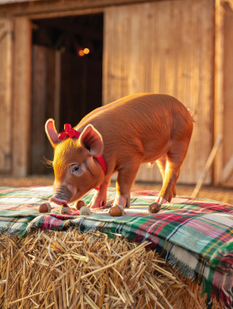 A cute piglet with a red bow on its head is exploring acorns on a plaid blanket, creating a charming sceneの写真素材