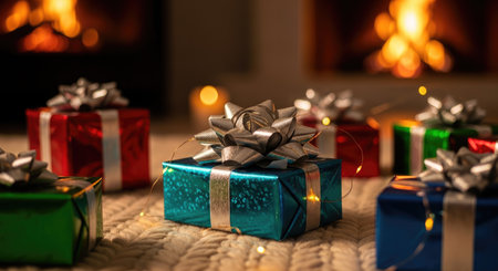 Wrapped presents in various colors sit on a soft surface, illuminated by warm lights and a fireplace...