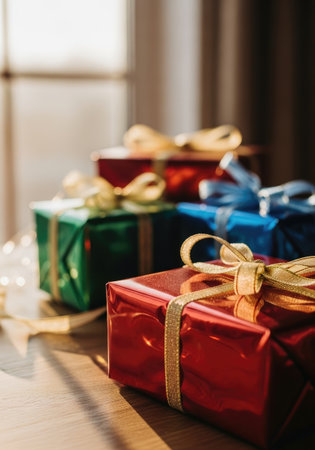 Several presents are arranged with decorative ribbons, perfect for holiday celebrations and special occasionsの写真素材