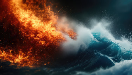 The artwork depicts a striking contrast between fire and water, symbolizing conflict and elemental forcesの写真素材