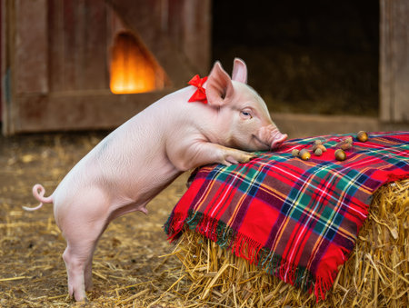A cute piglet with a red bow is standing near a hay bale with a red and green plaid blanket and some acornsの写真素材