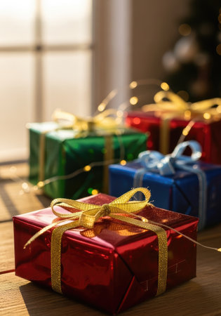 Wrapped gifts in various colors with decorative bows create a warm, inviting holiday scene