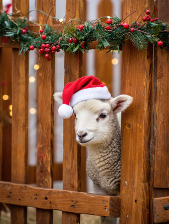 A cute lamb in a Santa hat is ready for Christmas, peeking through a wooden fence decorated with festive greeneryの写真素材