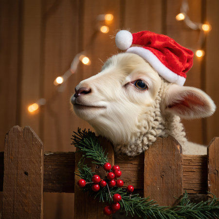 A charming lamb is seen wearing a festive Santa hat, ready for the Christmas seasonの写真素材