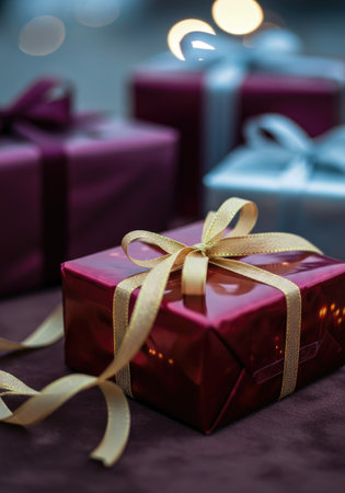 Festive presents with elegant gold ribbon are ideal for birthdays, holidays, and other joyous eventsの写真素材