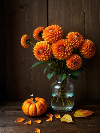 A beautiful arrangement of fall elements creates a warm and inviting seasonal displayの写真素材