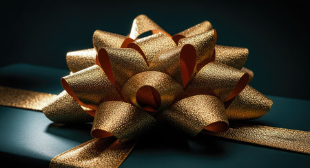 A close up view of a beautifully textured gold bow adds a touch of luxury to any present or giftの写真素材