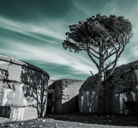 A solitary tree stands tall against a backdrop of an old, crumbling concrete structure, creating a...