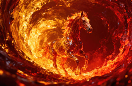 This stunning artwork depicts a majestic horse engulfed in fire, creating a dramatic and captivating visualの写真素材