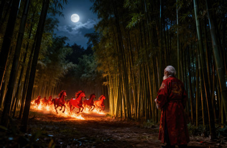 A wise elder watches as fiery horses race through a bamboo forest, evoking the spirit of the Fire Horse yearの写真素材