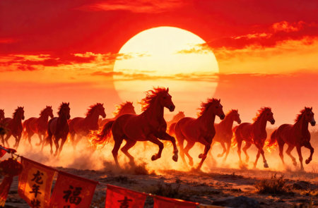 A herd of horses gallops across the landscape, silhouetted against a vibrant sunset, evoking a sense of power and energyの写真素材
