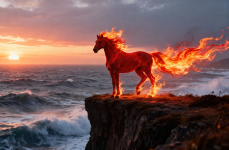 A majestic horse engulfed in flames stands proudly on a cliff, with the ocean and sunset in the backgroundの写真素材