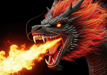 This digital artwork depicts a fearsome dragon breathing fire, perfect for fantasy and mythical...
