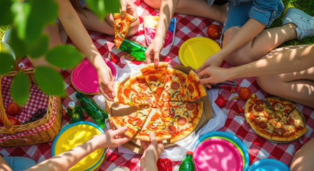 A group of friends are gathered around a pizza on a red and white checkered blanket, ready to eatの写真素材