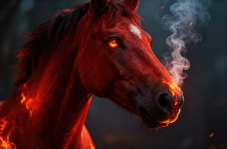 This striking image captures a majestic horse engulfed in flames, evoking a sense of power and mystiqueの写真素材