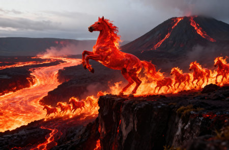 This dramatic image depicts a herd of fire horses running through a volcanic landscape, evoking themes of energy and transformationの写真素材