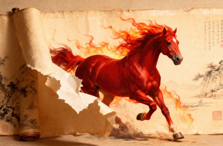 This artwork depicts a vibrant red horse emerging from a traditional scroll, symbolizing the Fire Horse yearの写真素材
