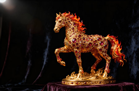 This ornate golden horse statue is adorned with red gemstones, creating a luxurious and eye-catching displayの写真素材