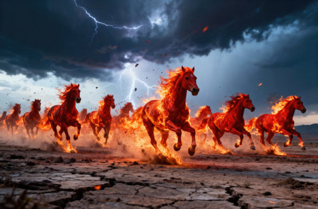 A herd of flaming horses runs through a dry, cracked desert, with lightning flashing in the backgroundの写真素材