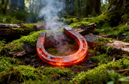 A rustic horseshoe glows with heat, surrounded by lush green moss and a mystical atmosphere, perfect for themes of fortune and natureの写真素材