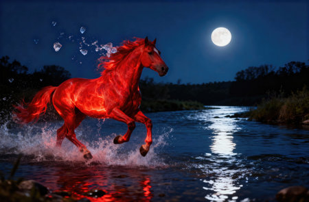 A majestic red horse runs through a river under a full moon, creating a stunning and magical sceneの写真素材