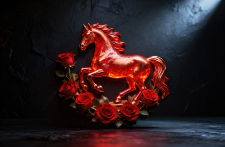 This image features a stunning golden horse statue encircled by vibrant red roses, perfect for celebrating the Fire Horse yearの写真素材