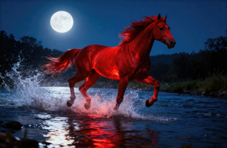 A majestic red horse gallops through a river, illuminated by a bright full moon in a dark, mysterious sceneの写真素材