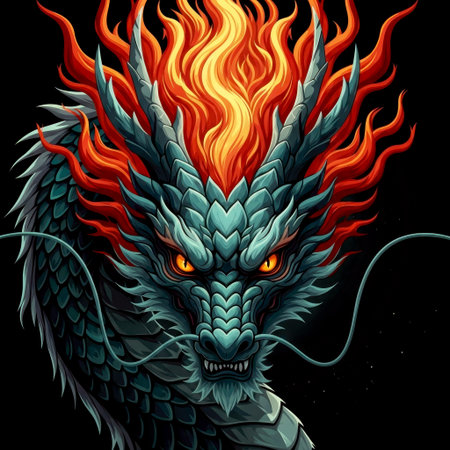 This stunning artwork features a detailed dragon with vibrant colors and a captivating gaze, perfect for fantasy themesの写真素材