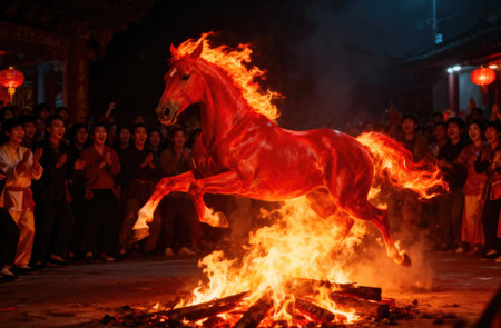 A majestic horse engulfed in flames leaps over a bonfire, captivating a crowd of onlookersの写真素材