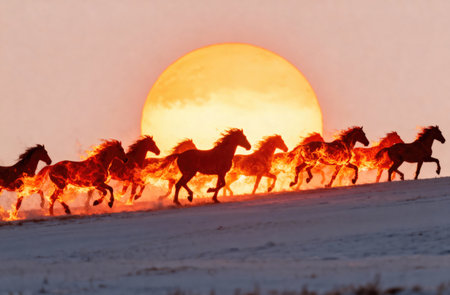 This striking image captures a herd of horses with flames for manes and tails, running towards the sunsetの写真素材