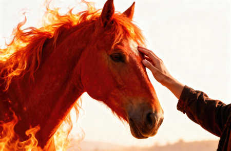 A hand gently touches the head of a horse engulfed in flames, creating a striking visual of power and serenityの写真素材