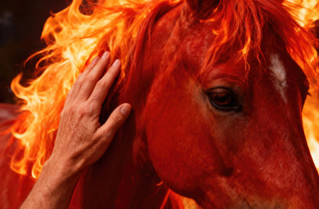 This striking image captures a horse with flames, evoking themes of strength and the Chinese zodiacの写真素材
