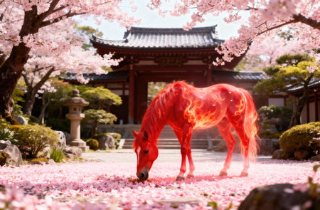 A vibrant red horse with flames grazes peacefully amidst a sea of pink cherry blossom petals, evoking the spirit of the Fire Horse yearの写真素材